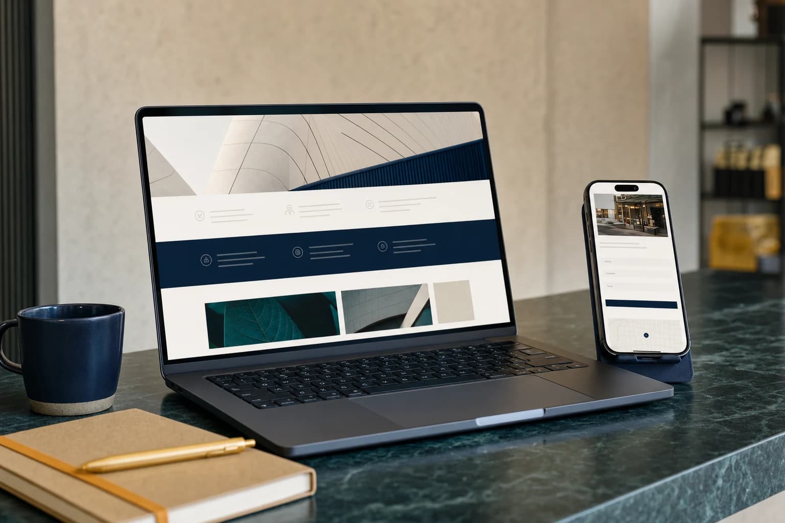 A laptop and phone showing a clean, abstract business website on a counter