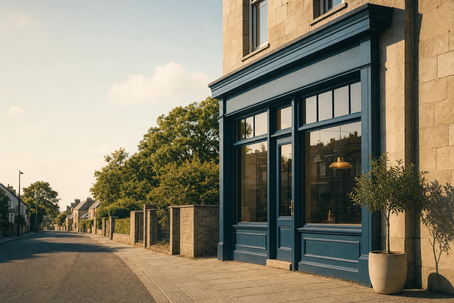 A confident local shopfront on a quiet neighborhood street